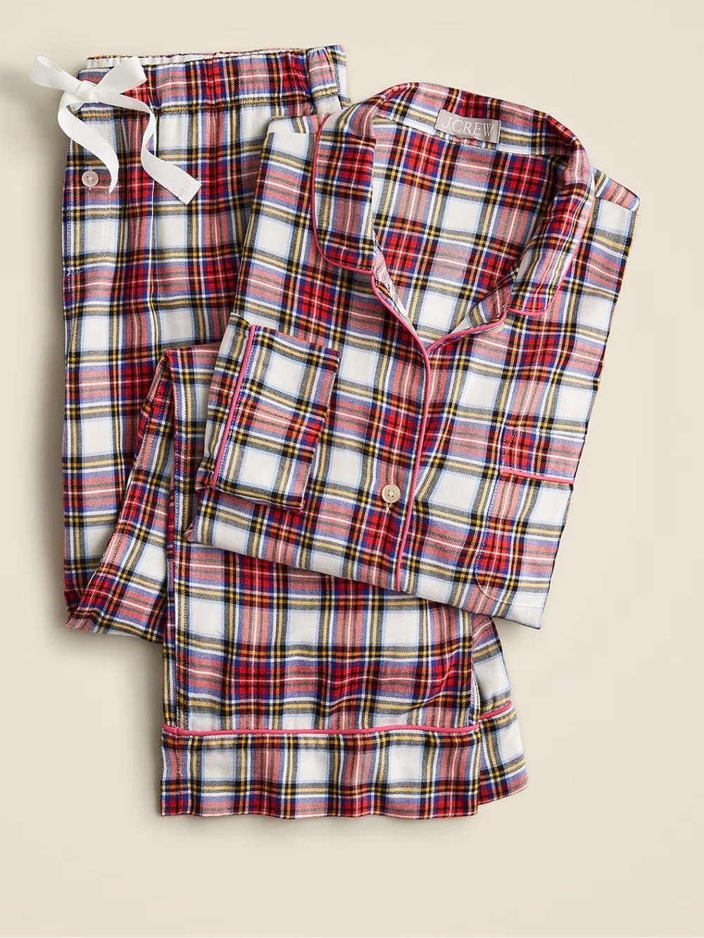 JCrew Flannel Long Sleeve PJ Set in White Stewart Tartan